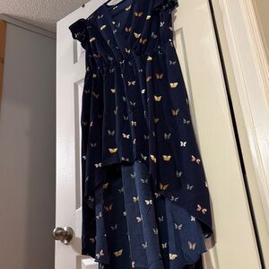 Elegant Navy Butterfly Print High Low Dress